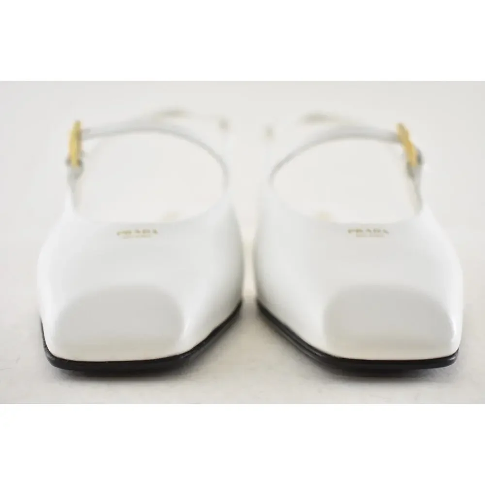 Prada White Leather Square Toe Mary Jane Slingback Ballerina Ballet Flat 37.5 - Picture 12 of 16